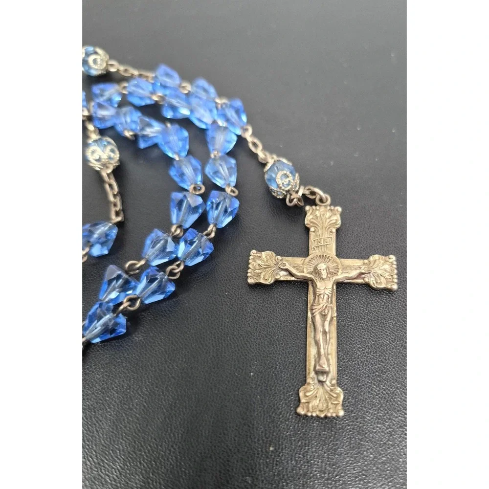 Vintage Rosary Blue Crystal Beads Sterling Silver Crucifix Centerpiece